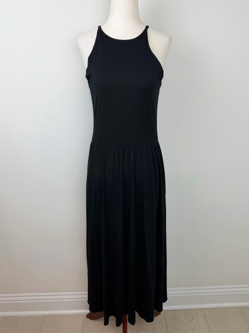 Rachel Pally Black Jersey Sleeveless Maxi Dress High Neck Pleated Skirt Large